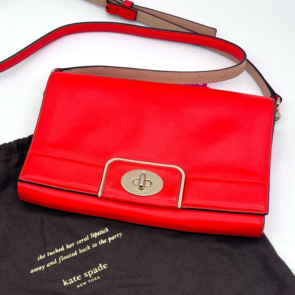 Kate Spade NY Orange/Red Leather Crossbody Bag Gold Turn Lock Striped Lining EUC